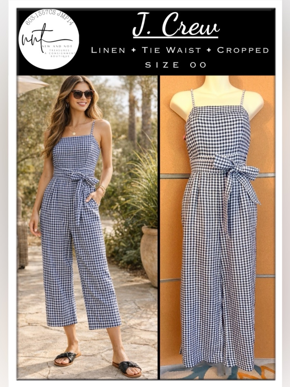 J Crew Jumpsuit Sz 00 LINEN Gingham Plaid Navy Blue White Belted Wide Crop Leg
